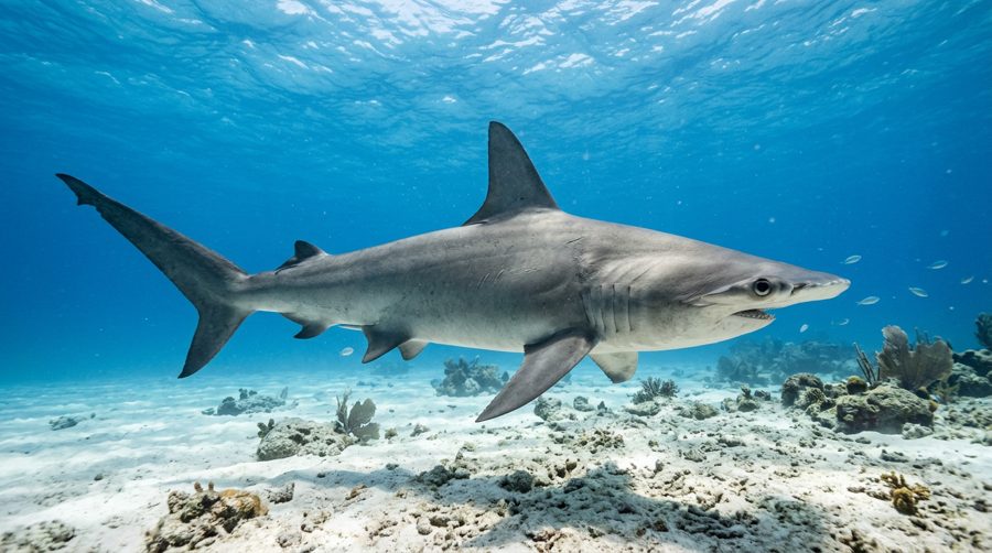 Great hammerhead shark over a sandy seabed