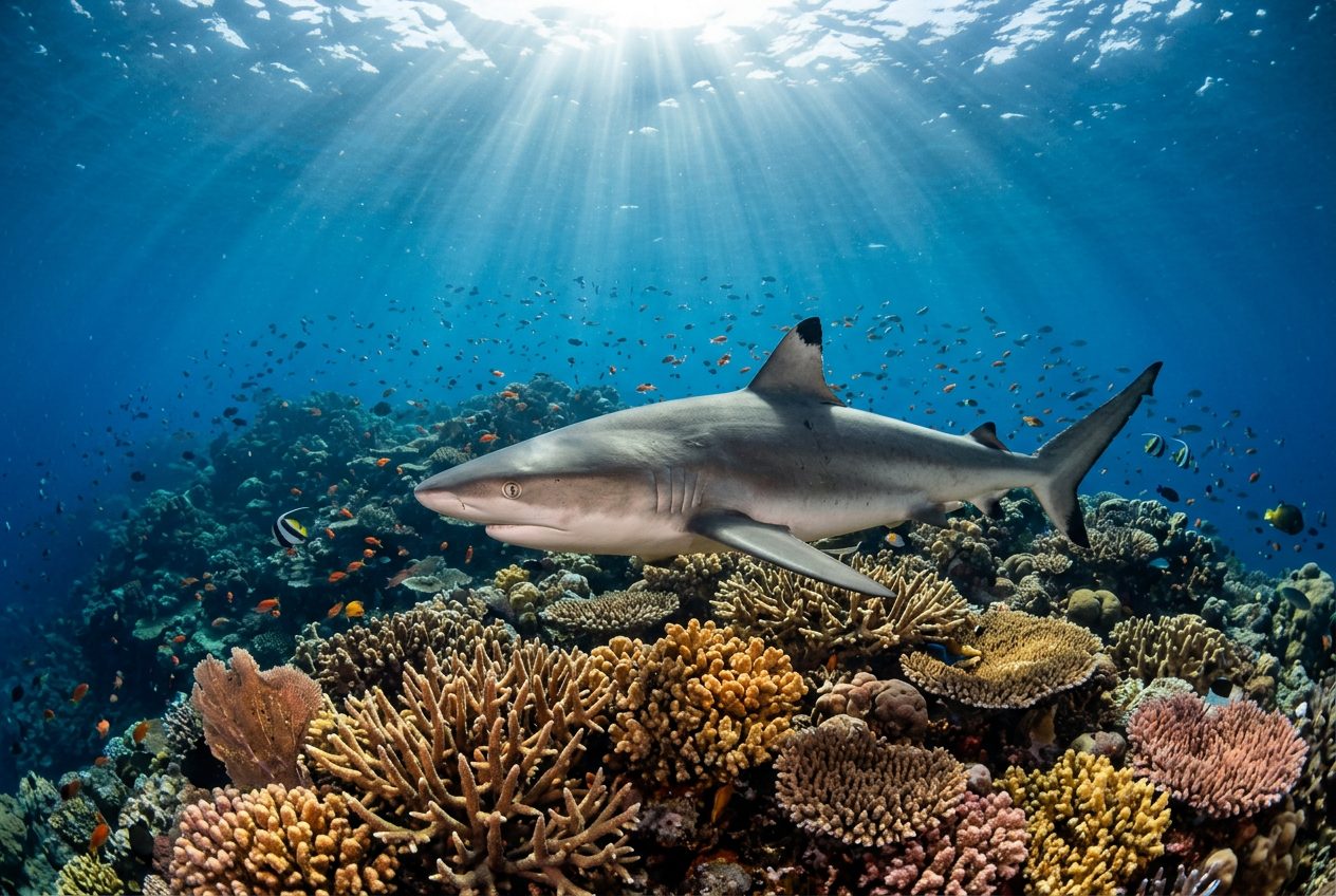 A reef shark swimming over a coral reef with sunlight streaming down from the surface