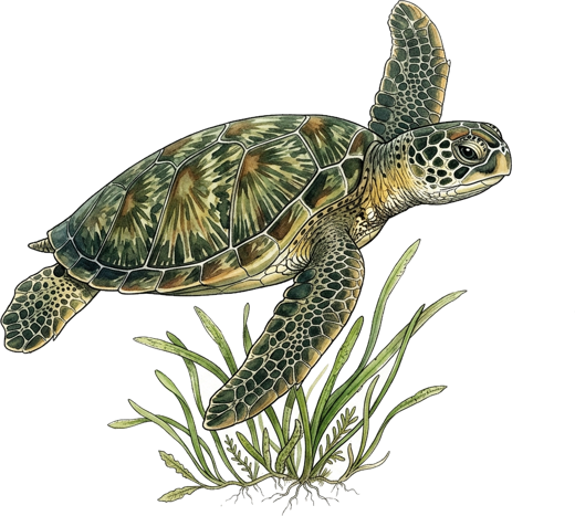 A green sea turtle over seagrass